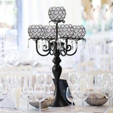 Imagem de kolnlala Castiçal/castiçal de cristal preto de 5 braços de 57 cm, peça central de mesa de candelabro de cristal requintada e linda para casamento/eventos de férias, festas e decoração de casa