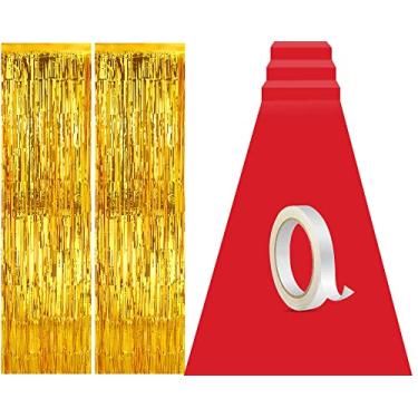 Imagem de Tegeme Corredor de tapete de 7 x 7 metros com fita de carpete e 4 peças de cortinas de borla de metal de 20 x 9 cm para decoração de festa de casamento e aniversário de Halloween (vermelho)