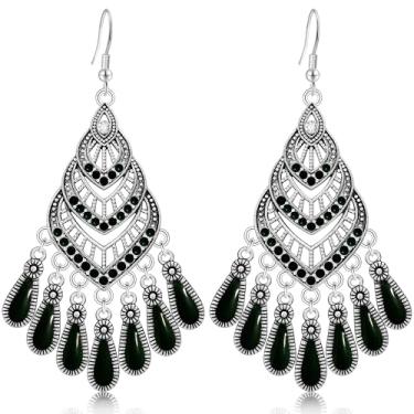 Imagem de Ricarmo Brincos boêmios vintage de prata lustre vazado com franja esmaltada e pingente leve brincos pendentes delicados em gota de cristal para mulheres joias presentes, Metal, Cristal