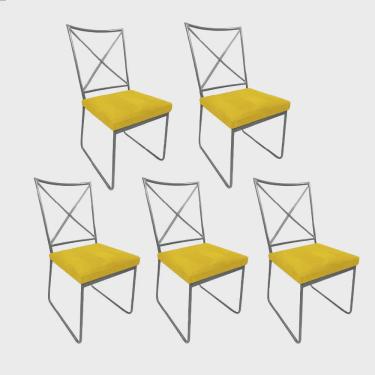 Imagem de Kit 05 Cadeiras Sala de Jantar Escritório Office Clark Industrial Ferro Cinza Suede Amarelo - Ahz Móveis