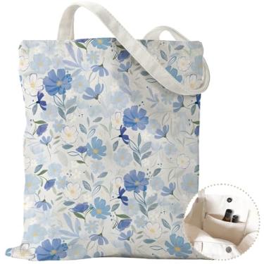 Imagem de COARVXA Sacola de lona estética com bolsos com zíper e botões para mulheres, sacolas de compras reutilizáveis, presentes - trabalho, academia, A06 Flores azuis, 15"x14"