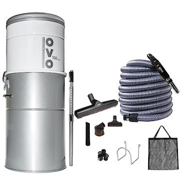 Imagem de OVO Sistema de vácuo central potente para serviço pesado, filtragem híbrida (com ou sem sacos descartáveis) 35L ou 9,25 litros, 700 watts de ar com kit de acessórios deluxe de 12,2 m incluído