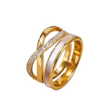 Imagem de Aliança de casamento com zircônia cruzada, aço inoxidável, delicada, anel feminino banhado a ouro 18 quilates, eternidade, amor infinito, conforto, ajuste, empilhável, anel de dedo moderno, joias para