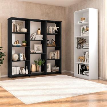 Imagem de Conjunto com 1 Estante Livreiro 11 Nichos Odelia e 1 Estante Multiuso 5 Nichos Montreal Preto/Branco