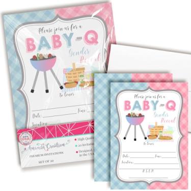 Imagem de Baby-Q BBQ Gender Reveal Convitations - 20 Preenchimento 5x7 Cartões temáticos Grill & Piquenique com Envelopes - Convites de chá de bebê guingão rosa e azul por AmandaCreation