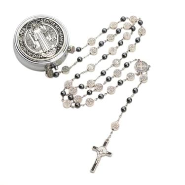 Imagem de CJSIR Colar de rosário de aço inoxidável de 8 mm e hematita preta de 6 mm com pacote de crucifixo em caixa de metal presente católico para homens, 53 cm, pedra de hematita de liga de aço, hematita