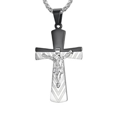 Imagem de Colar com pingente de cruz crucifixo em dois tons, preto e prata, joia religiosa com corrente, Small, Zinco, Zircão