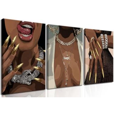 Imagem de Conjunto de 3 peças de arte de parede em tela para meninas negras, fotos de mulheres afro-americanas, estampas de pinturas femininas pretas para sala de estar, quarto, banheiro, decoração de casa