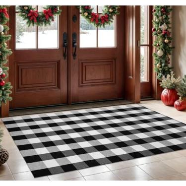 Imagem de KOZYFLY Tapete xadrez buffalo, 10 x 1,8 m, preto e branco, lavável para uso ao ar livre, tapetes de algodão para quarto, porta da frente, tapete para varanda, sala de estar, sala de jantar, quarto,