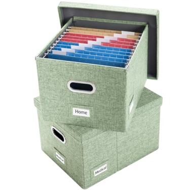 Imagem de PRANDOM Caixa Organizadora De Arquivos - Conjunto 2 Pastas Decorativas Dobráveis Para Armazenamento Linho, Suspensas Com Tampas, Armário Escritório, Tamanho Carta/Ofício, Verde, 17 X 14 11,2 Pol.