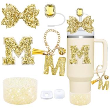 Imagem de Conjunto de acessórios de copo dourado de 7 peças para Stanley Cup 850 g/1,134 g, inclui tampa de canudo de joias, tampa à prova de derramamento, decorações de iniciais, pingente de alça, bota de