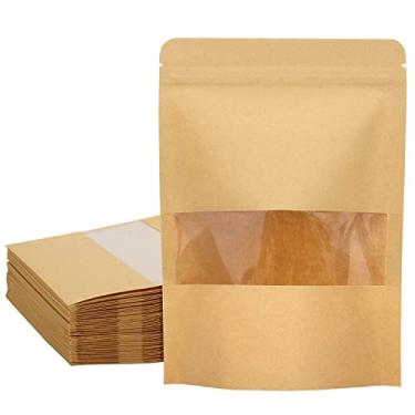 Imagem de Blisstime Pacote com 50 sacos de papel kraft, bolsa resselável com janela transparente e entalhe de rasgo para armazenamento multiuso (10 x 15 cm)