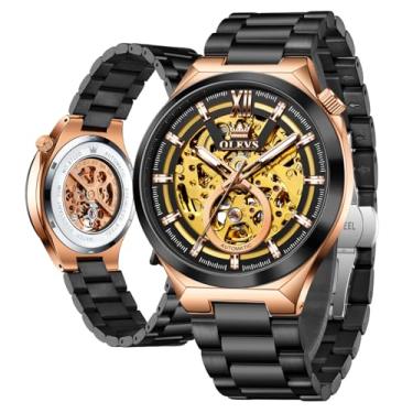Imagem de OLEVS Relógio de pulso masculino esqueleto automático com corda automática, cristal de safira, aço inoxidável, 3AT, à prova d'água, luminoso, para negócios, Relógios de luxo: ouro rosa