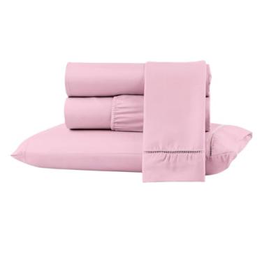 Imagem de Kit Jogo Lençol Cama Box Casal Queen 400 fios Micropercal 03 Peças Ponto Palito (ROSA, SOLTEIRO)