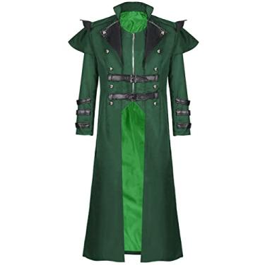 Imagem de BITSEACOCO Fantasia masculina steampunk, casaco longo gótico medieval, jaqueta punk vitoriana com zíper duplo, Verde, XXG