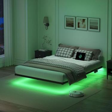 Imagem de YORMDMO Estrutura de cama flutuante tamanho completo, estrutura de cama resistente com luzes LED inteligentes e estação de carregamento, cama de plataforma de metal moderna, montagem fácil sem