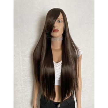 Imagem de Peruca wig morena iluminada castanho preta lisa 80cm premium natural f