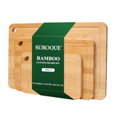 Imagem de SUROQUE Conjunto de 3 tábuas de corte de bambu para cozinha, tábuas de cortar com ranhura de suco e alças embutidas, perfeita para carne, legumes, frutas, presente de cozinha para cozinheiros