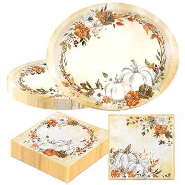 Imagem de Pratos e guardanapos de papel de abóbora branca servem 50, pratos ovais boêmios de outono 25,4 x 30,5 cm com guardanapos de 16,5 cm, decorações florais de outono para festa de aniversário, chá de bebê