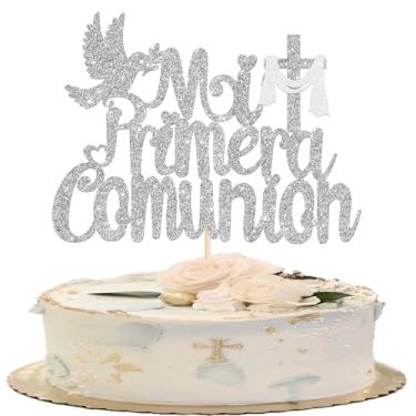 Imagem de 1 pacote Mi Primera Comunión topo de bolo glitter primeira comunhão palitos de bolo Deus abençoe esta criança chá de bebê casamento batismo festa cupcake decorações prata