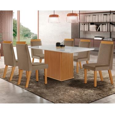 Imagem de Conjunto Sala de Jantar Mesa Riviera com Tampo de Vidro 180cm e 6 Cadeiras em MDF Riviera LJ Móveis - Castanho Cinamomo/ Capuccino/Off White