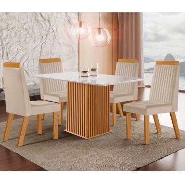 Imagem de Conjunto Sala de Jantar Mesa Riviera com Tampo de Vidro 120cm e 4 Cadeiras em MDF Riviera LJ Móveis - Castanho Cinamomo/ Creme/Off White