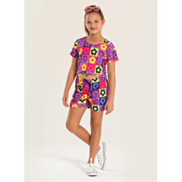Imagem de Conjunto Verão Menina Tulipa Cropped e Shorts Com Cadarço Florzinhas -