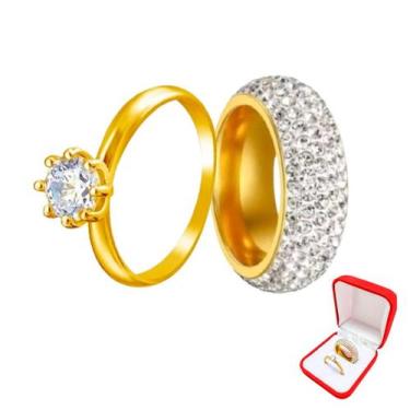 Imagem de aliança dourada casamento 8mm ouro 18k pedras brancas + solitario 2mm 