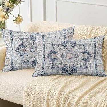 Imagem de ZSYTZL Conjunto de 2 capas de almofada Boho 30,5 x 50,8 cm, estampa de tapete boêmio de linho, decorativo, sala de estar, sofá-cama, capa de almofada quadrada, azul vintage
