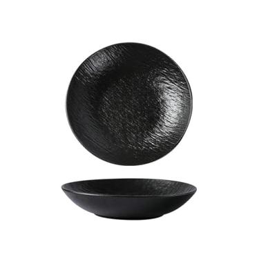 Imagem de Prato de cerâmica estilo ocidental com padrão de rocha retrô fosco requintado preto e branco - prato de 20 cm de profundidade - preto