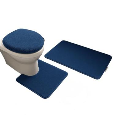 Imagem de Jogo de Tapetes para Banheiro 3 Peças - Algodão Pelúcia Super Macio e Antiderrapante | Conjunto com 2 Tapetes e 1 Capacho | Cores: Rosa, Preto, Branco, Marfim, Cinza (JOGO 3 PEÇAS AZUL)