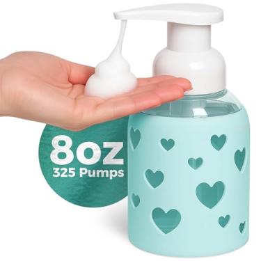 Imagem de Dispensador de garrafa de vidro espumante de 227 g com manga de silicone de coração, vidro marinho