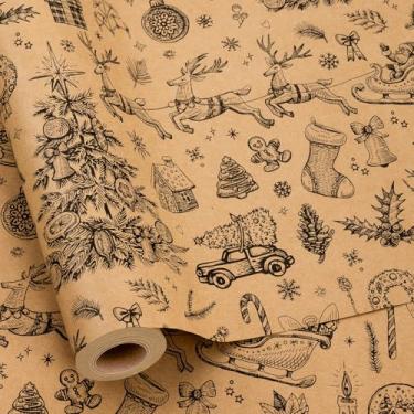 Imagem de MAYPLUSS Papel de embrulho de Natal Kraft, papel de embrulho marrom grosso, enfeites de Natal Kraft estilo vintage, envoltório de presente nuetral com design de trenó e anjo para embalagem de inverno