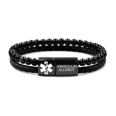 Imagem de Vivaday Pulseira de alerta médico | Etiqueta de identificação gravada personalizada | Pulseira com contas | Elegante para homens | Ajuste confortável para uso diário | Uso de emergência ao ar livre
