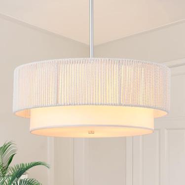 Imagem de Lustres de vime de fazenda de 45 cm para sala de jantar, luminárias boho de 3 luzes com pingente de vime com lustres de tambor de sombra de tecido para quarto, sala de jantar, hall de entrada, cozinha