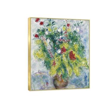 Imagem de BMZFYBS Moldura dourada - arte de parede em tela de flor pinturas famosas - decoração de imagens-mimosas com flores - pôster e impressões para sala de estar 70 x 85 cm 27 x 33 pol