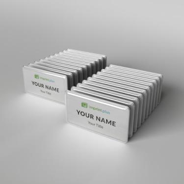 Imagem de Crachás de metal reutilizáveis de 3,8 cm x 7 cm - Kit de 20 crachás (placas, ímãs, lentes) (placa de prata com folha de inserção para impressora a laser)