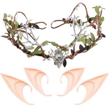 Imagem de LINSINA Coroa de folha de fada e orelhas de elfo, acessórios de fantasia renascentista com 2 pares de orelhas de elfo para mulheres, Prata, tamanho �nico