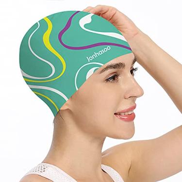 Imagem de Jonhasoo Touca de natação de silicone para mulheres, touca de natação impermeável de cabelo longo com listras coloridas impressas