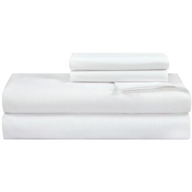 Imagem de ROYALE LINENS Jogo de lençol listrado 300 fios algodão penteado de fibra longa 4 peças king: 1 com elástico, 1 liso, 2 fronhas – macio, frescos e com toque firme, king (listras finas, branco)