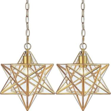 Imagem de Luz Pendente De Vidro Estrela Varanda Pendurada Lanterna De Teto Lustre De Cobre De Luxo E27 Iluminação Pendente De Teto Para Loft Bar Café Corredor Corredor Corredor, 2PCS