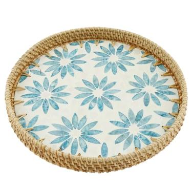 Imagem de Bandeja redonda de vime com mãe de embutimento, bandeja de servir de vime minimalista decorativa de vime de 30 cm para decoração de casa, mesa de café, pão, comida, bandejas de chá, cesta de vime de