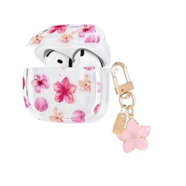 Imagem de CameCosy Capa transparente compatível com Airpods 4 Geração 2024 com pingente, capa protetora com flores rosa e padrão de concha para mulheres, à prova de choque, à prova de poeira, anti-arranhões