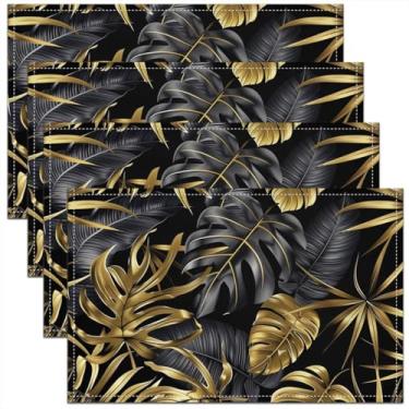 Imagem de Homewish Jogo americano de folhas de palmeira, conjunto de 4 folhas tropicais douradas, pretas, para crianças, adolescentes, adultos, aquarela, plantas modernas, simples, tapetes de cozinha para mesa