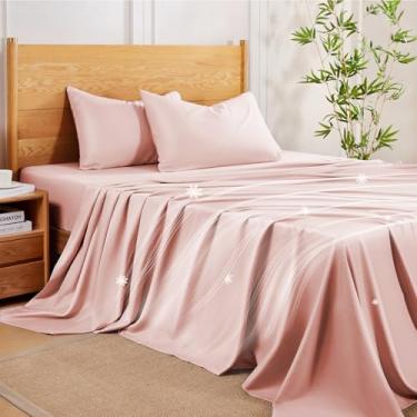 Imagem de MR&HM Conjunto de lençóis California King, lençóis refrescantes de 4 peças, raiom derivado de mistura de bambu e poliéster, macio e sedoso, bolsos profundos de 38 cm com tiras elásticas, hotel luxuoso