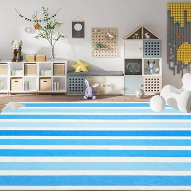 Imagem de Lacomfy Lindo tapete infantil listrado azul arco-íris tapete para quarto antiderrapante para meninos meninas tapete lavável para sala de jogos, quarto de crianças, decoração de casa, azul