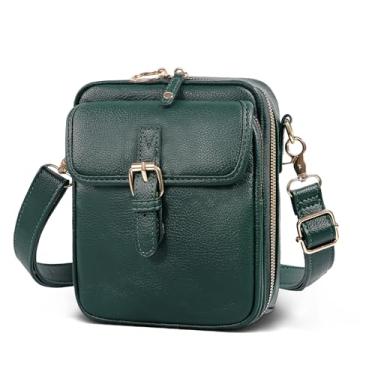 Imagem de Bolsa carteiro vintage, bolsas femininas de couro transversal de grande capacidade, mini bolsa tiracolo com compartimentos para cartões (15,5 x 7,6 x 20,3 cm), Verde (18 x 7,6 x 23 cm)
