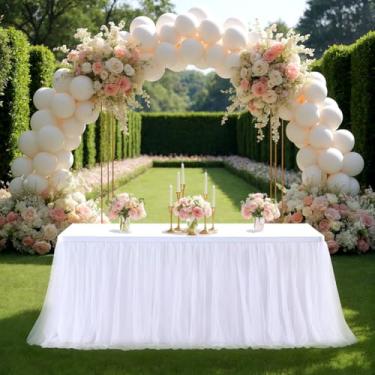 Imagem de CREATCABIN Toalha de mesa de tule branca para mesas retangulares saia de mesa tutu de 1,8 m saia de mesa de tule saia de mesa com babados decorações elásticas com fita adesiva para festa, jantar