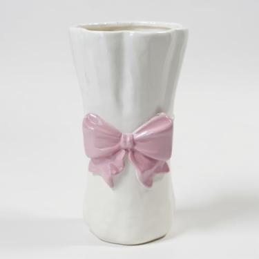 Imagem de Vaso de cerâmica com laço rosa – Vaso de flores decorativo grande com esmalte brilhante exclusivo, presente de decoração de casa bonito moderno (laço rosa)