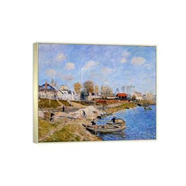 Imagem de Impressão em tela famosa pintura - paisagem imagem de parede - margens do rio-moldura prata pôster para decoração de casa 70 x 85 cm 27 x 33 pol